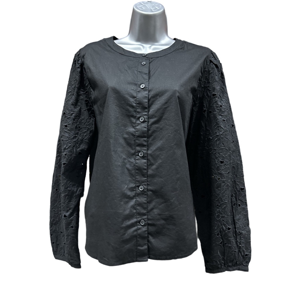 NWT J. Crew Eyelet-sleeve button-front top in black size XL